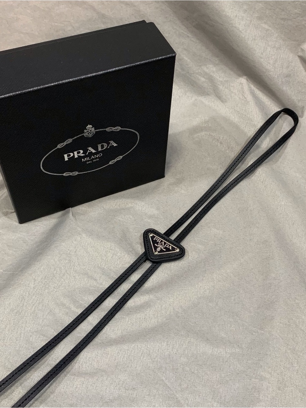 Prada Black Leather Triangle Logo Lanyard Strap